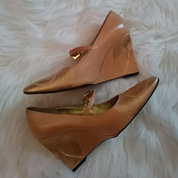 Fendi Gold Embossed Wedge Heels - Picture 2 of 6
